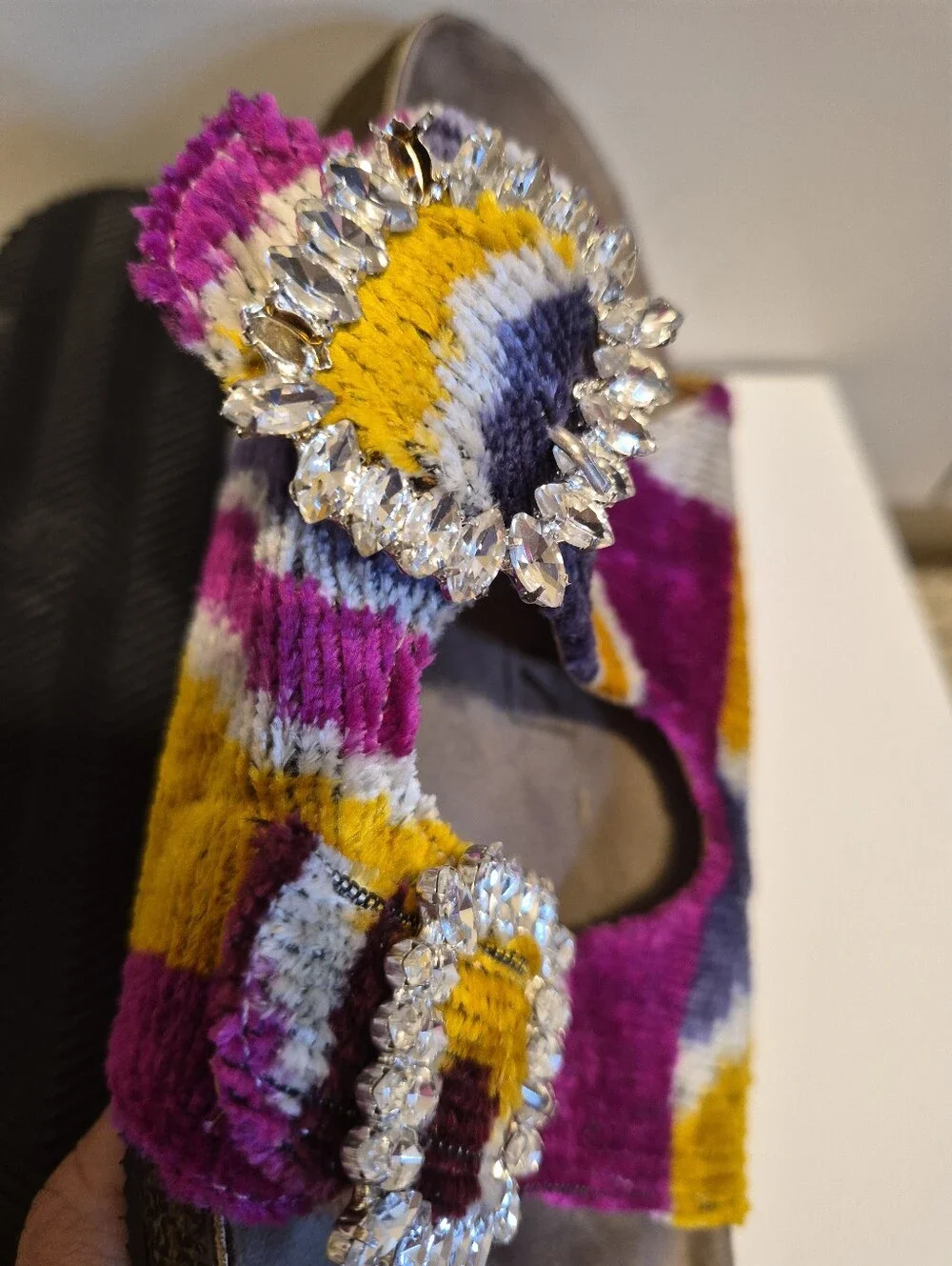 Baldiz Silk Velvet Ikat Double Rhinestone Buckle Slide SandalsSz.7/ EU 37 $245